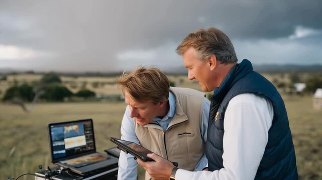 Aftermath of severe weather event with meteorologists analyzing climate prediction models on outdoor field equipment, satellite data streams visible on rugged tablets, ideal for en_4