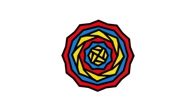 Geometric spiral rosette design concentric yellow red, blue segments