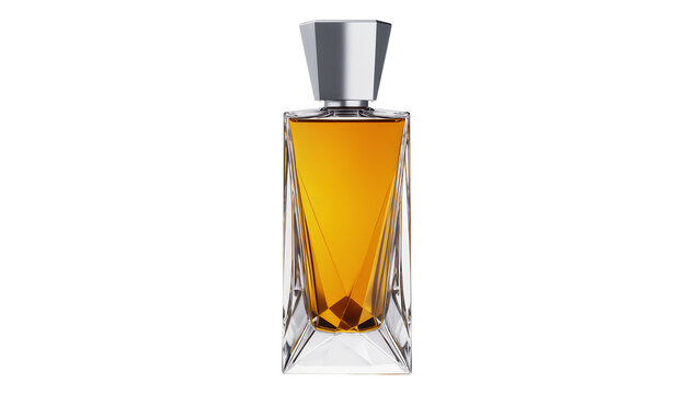 Geometric glass perfume bottle amber liquid inside, silver cap