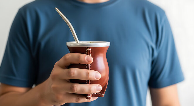 Person's hand holds traditional South American mate gourd with bombilla, enjoying cultural yerba mate brew