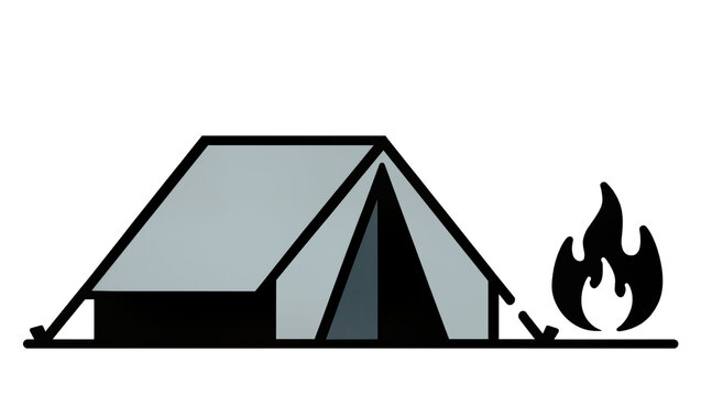Gray camping tent, next to a stylized orange campfire with flames
