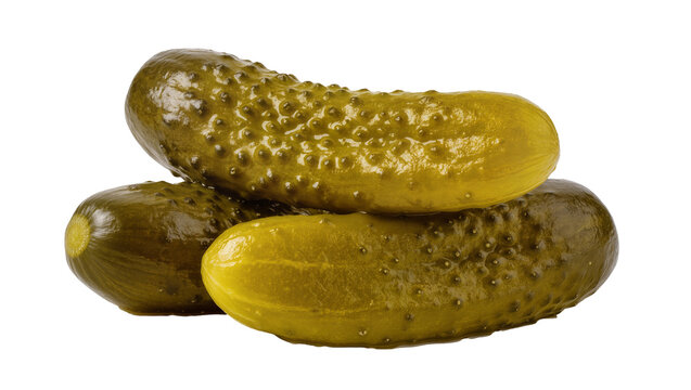 Three green pickled cucumbers stacked together, displaying bumpy texture