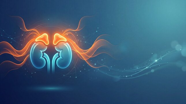 Digital art of human kidneys with glowing elements and blue background