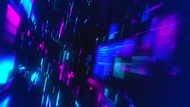 A futuristic high-tech background with a digital pixel matrix pattern on a blue background. A data stream or a futuristic map of a technological network. 