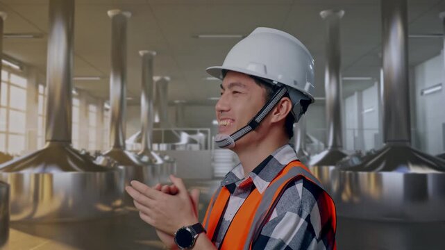 Close Up Side View Of Asian Male Engineer With Safety Helmet Smiling And Clapping His Hands While Standing at Stainless Steel Brewing Vats in Beer Manufacturing Plant