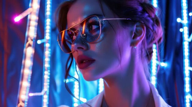 Sophisticated female model posing in an urban, neon-lit setting, exuding cool fashion vibe.