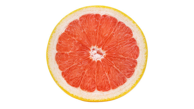 Ruby red grapefruit half, revealing juicy segments and yellow rind