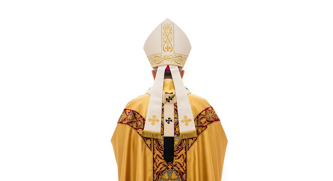 A Catholic bishop wearing a traditional golden mitre and ornate robe stands with his back to the camera.