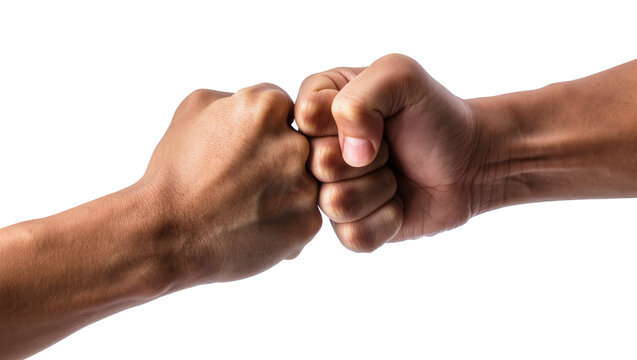 Two dark brown arms bumping fists together, showing teamwork and agreement