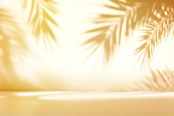 Abstract nature background with soft shadows of palm leaves on a warm sandy wall. A clean and minimalist aesthetic with golden sunlight for summer branding and copy space.