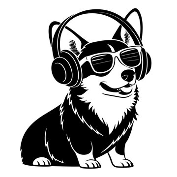 cool corgi dog silhouette wearing headphones and sunglasses isolated on white vector