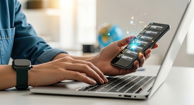 Person using laptop and smartphone for business or technology tasks.