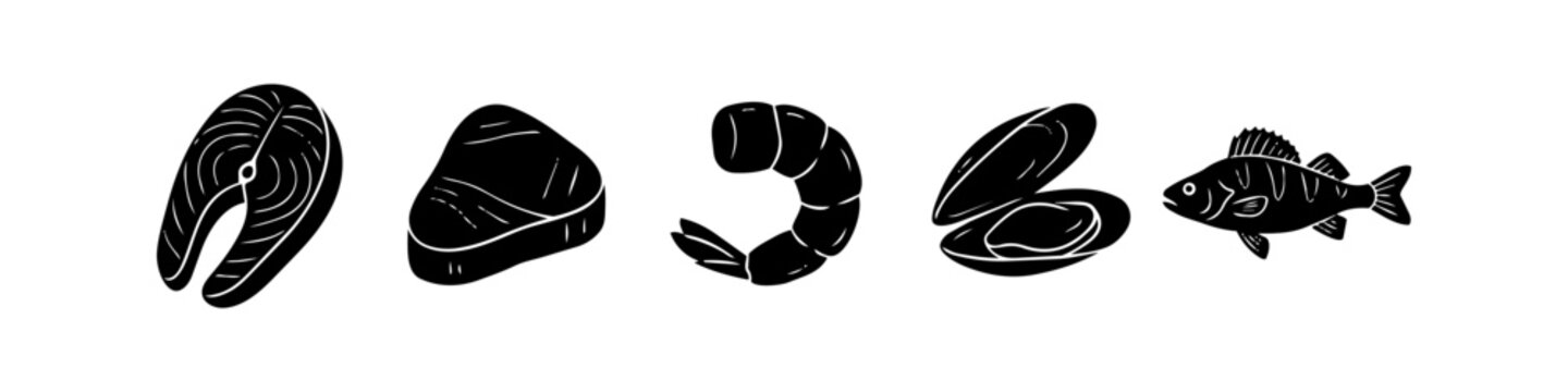 Black seafood silhouettes on white background featuring salmon steak, tuna fillet, shrimp, open mussel, and whole fish. Minimalist vector set for restaurant menus, packaging, and food labels.
