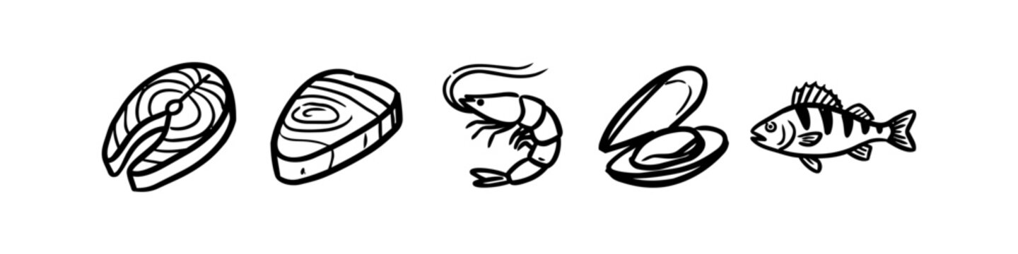 Hand-drawn black line art seafood icons including salmon steaks, shrimp, mussel shell, and a whole fish. Minimalist vector illustration set isolated on white for menu and food design.