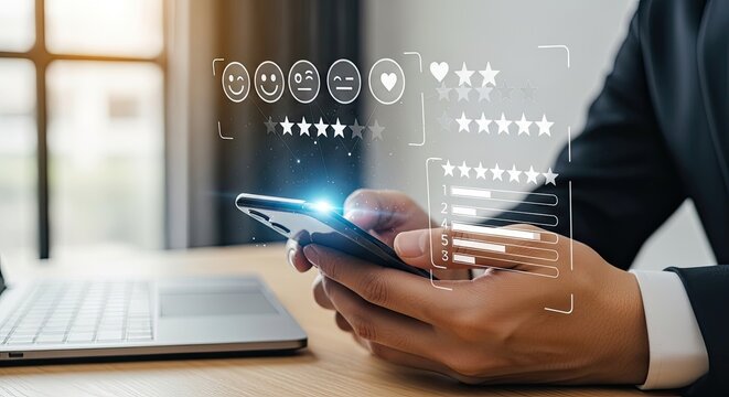 Businessman using smartphone for customer service evaluation and satisfaction survey.