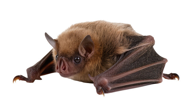 Brown little bat hanging, displaying membranous wings and sharp claws