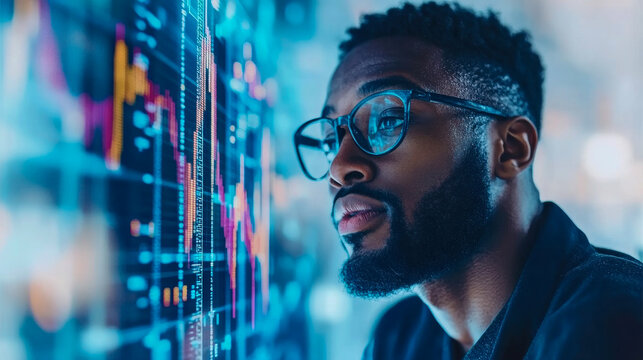 Focused Black man wearing glasses examines glowing, digital stock market graph with upward and downward trending lines, representing financial analysis and data visualization in modern, blue-toned env