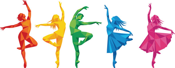 Set of colorful geometric low poly silhouettes of ballet dancers and contemporary performers in dynamic graceful poses isolated on white background for arts design © Moshaharul's World