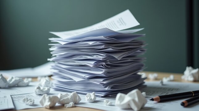 Pila de documentos que se derrumba ligeramente, momento de tensi&oacute;n, inestabilidad empresarial