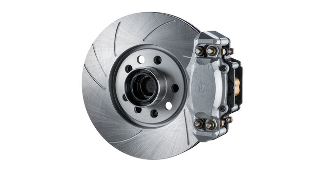 Shiny chrome brake rotor assembly, featuring gray caliper and steel mounting hardware