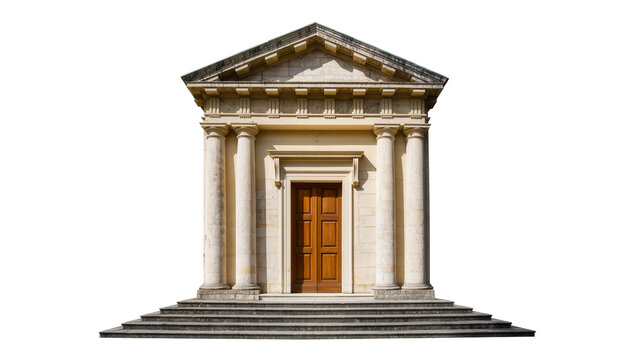 Classic stone temple facade featuring Doric columns pediment, and wooden door