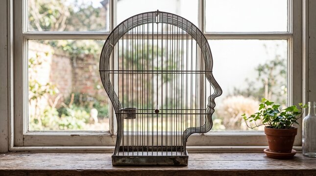 Birdcage shaped like a human head on a wooden windowsill