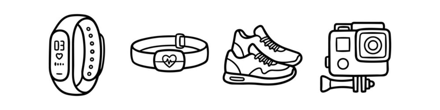 Set of hand-drawn sports and fitness gear icons including a fitness tracker, heart rate monitor, running shoes, and action camera. Black and white doodle style for workout and activity tracking.