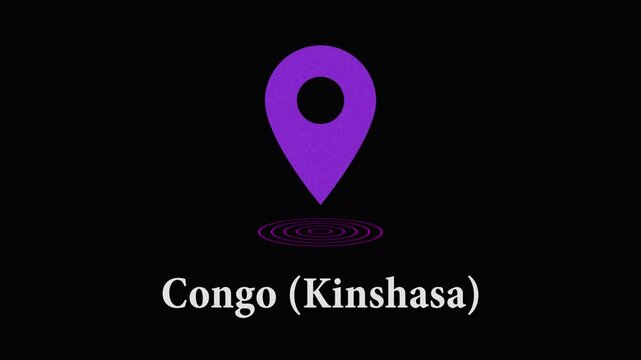Animated purple textured map pointer icon for congo kinshasa location on black background pin mark navigation travel destination