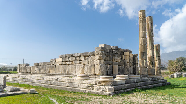 Ruins of the Letoon Temple with standing Ionic columns and massive stone walls, a UNESCO-listed Lycian sanctuary, historic Lycian ruins near city of Xanthos, Mugla, Turkey