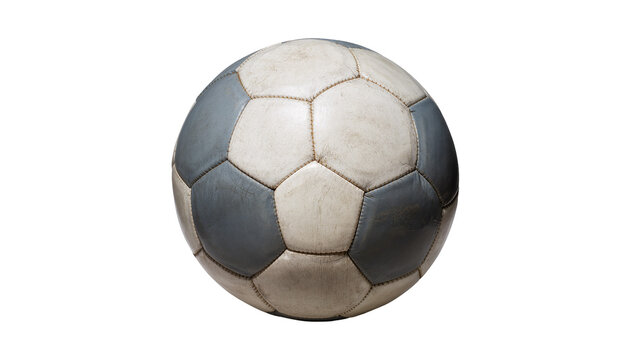Worn leather soccer ball displaying black beige and ivory panels, showing scuffs