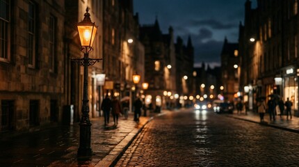 Fototapeta premium Cobblestone Street at Dusk with Gas Lamp and Pedestrians