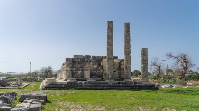 Ruins of the Letoon Temple with standing Ionic columns and massive stone walls, a UNESCO-listed Lycian sanctuary, historic Lycian ruins near city of Xanthos, Mugla, Turkey