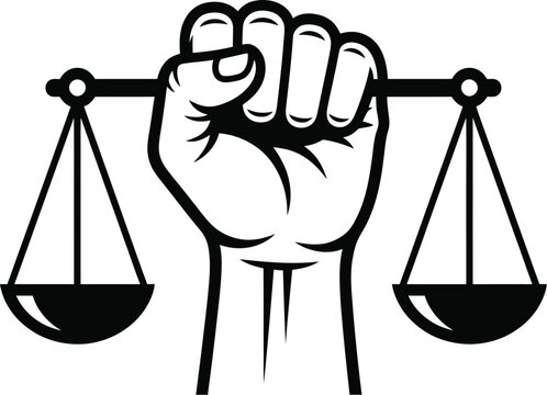 Black and white illustration of a fist holding scales of justice