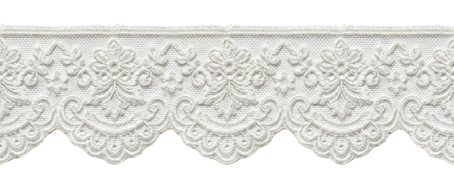 Horizontal white embroidered floral lace trim, isolated transparent background for romantic wedding invitation border digital scrapbooking clothing mockup craft project frame and elegant textile desig