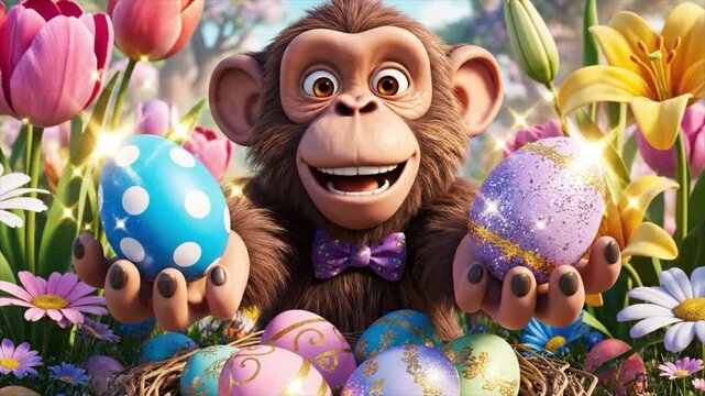 A cheerful monkey holds colorful Easter eggs among vibrant spring flowers and foliage.