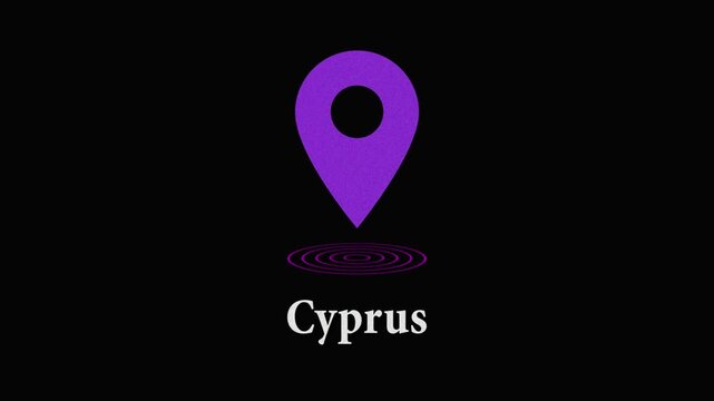 Animated purple map location pin icon indicating cyprus with rippling effect on black background location marker travel destination