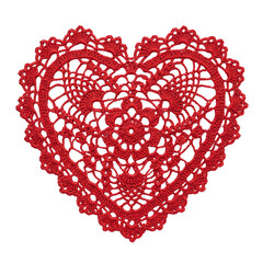 Red heart shaped crochet lace doily, intricate vintage textile pattern for romantic valentines day greeting card wedding invitation love decoration background craft project © ATIQULISLAM