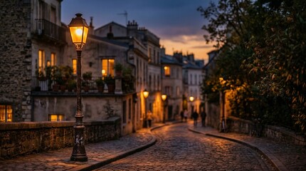 Fototapeta premium Cobblestone street with gas lamps at dusk in an old European town