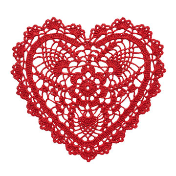 Red heart shaped crochet lace doily, intricate vintage textile pattern for romantic valentines day greeting card wedding invitation love decoration background craft project