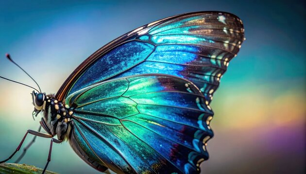 Stunning Macro Photograph of a Vibrant Blue and Green Morpho Butterfly Wing.