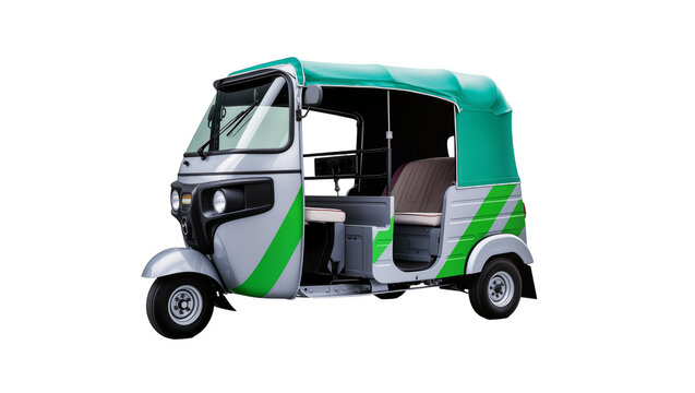 Green yellow three-wheeled auto rickshaw, displaying side profile with black frame and windshield