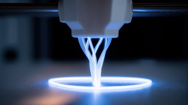 Closeup D printer nozzle extruding filament in glowing ring hightech prototype build with blue light, molten thermoplastic layering, precision motion and industrial bench atmosphere for rapid additive