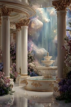 Space universe exploration, fantasy. A grand, opulent interior scene features a majestic fountain in the center. The fountain is intricately designed with a central finial and cascading waterfalls.