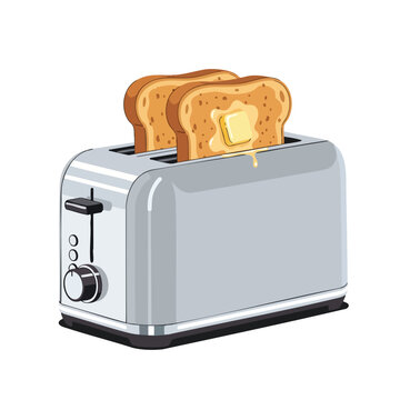 Silver toaster with two buttered slices of golden brown toast