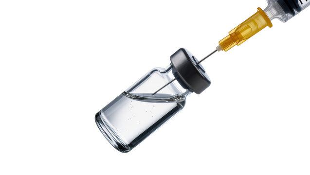 Clear glass vial sealed with black cap, held by a silver syringe