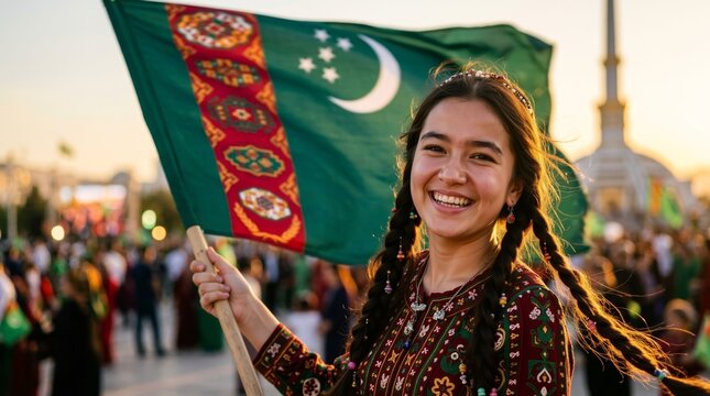 Joyful Turkmenistani woman proudly holding the national flag during a vibrant outdoor celebration