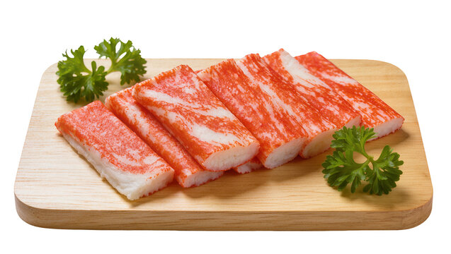 Sliced imitation crab sticks arranged on wooden board, garnished with fresh parsley sprigs