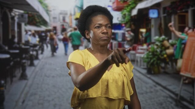 Woman points finger and touches ear on a crowded street while wearing a yellow blouse, expression stern and focused; firm disapproval.