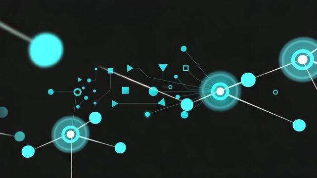 Abstract blue and white digital data nodes and lines on black background