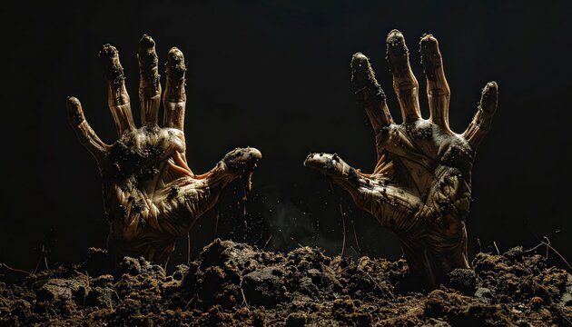 Two zombie hands emerging from the grave in a dark, eerie scene.